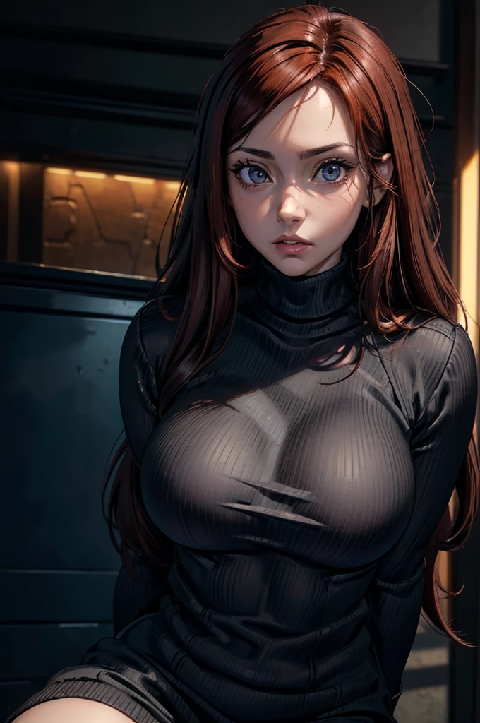 solo, better eyes, (latina), better skin, better face, (small-medium breasts:0.8), ((Virgin-killing sweater,
VKS:1.0)), (monochrome image with accent color), ((solo)), ((masterpiece)),((high resolution)),((best quality)), extremely fine and beautiful, super fine illustration, (insanely detailed anime eyes), vivid and beautiful, shocking sensation, incredibly detailed, photorealistic, (realistic skin), (insanely detailed anime eyes), (plump luscious lips), realistic eyes, professional, realistic face, Cyberpunk character concept art, movie lighting, weighted shadows, ((very long weighted red-auburn flowing hair)), long hair, beautiful detailed girl, upper body view, facing at viewer, (brown eyes:1.2)), movie lighting, perfect shadow, realistic lighting shaded