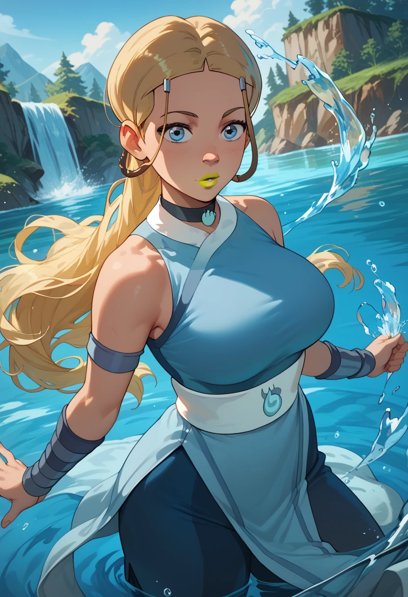 woman, blue eyes, white skin, blonde hair, yellow lipstick, big breasts, anime style, thin waist, blue clothes, water, water powers, Katara