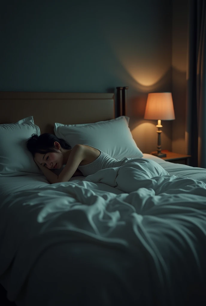 person lying down sleeping in a hotel room at night, there is little light in the room, in the hotel room there is a window and through that window there is someone watching