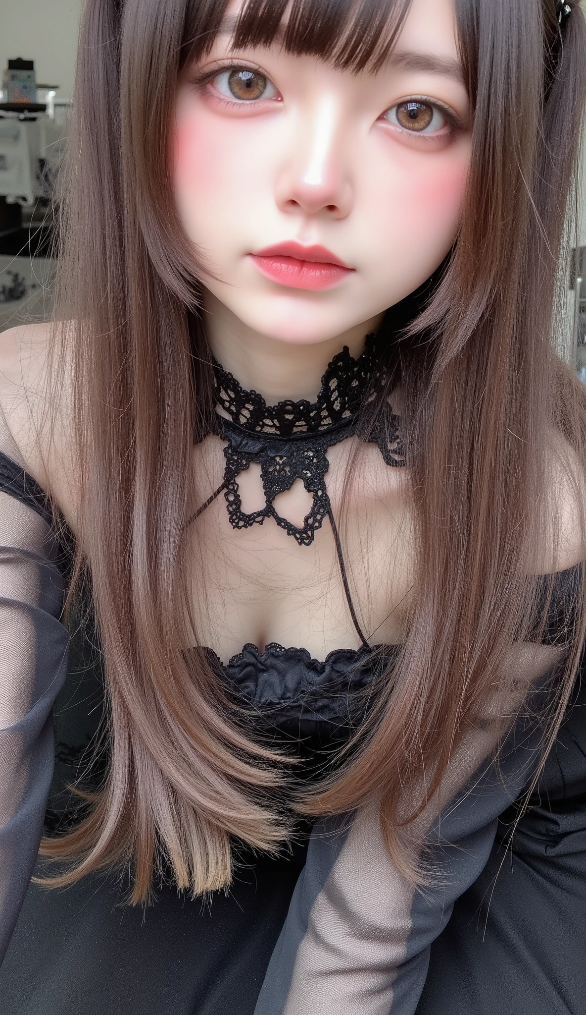 gothic lolita cosplay, cute girl,masterpiece, (( long hair )), cute20 --old l、 long brown hair , Very Long Straight Hair , Short bangs, white skin, Light-pigmented brown eyes, Narrow shoulders, Moderate bust , white skin, skinny