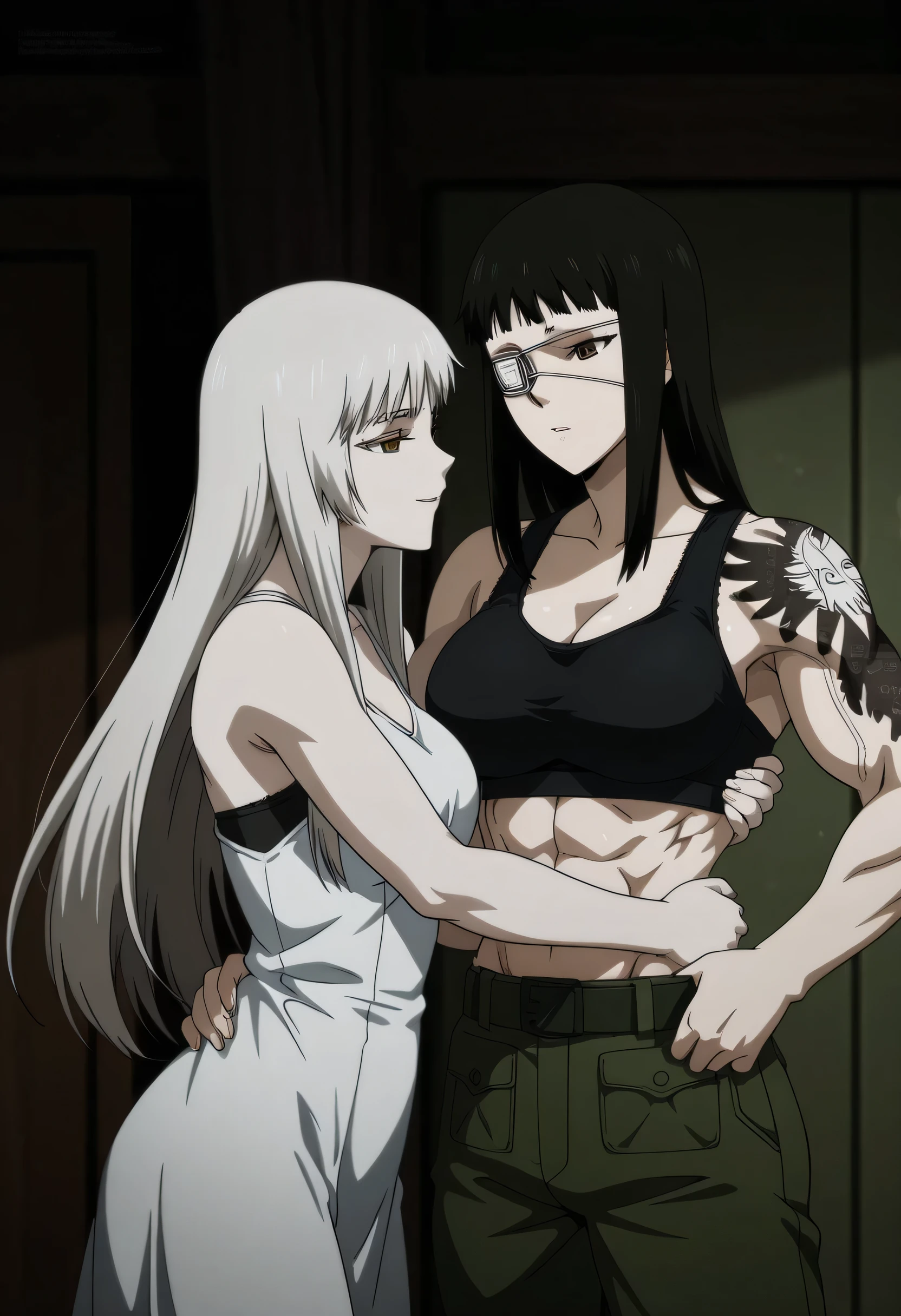 2girl,solo,mm,mature female,black hair,eyepatch,brown eyes,medium breasts,anime coloring,long hair, muscular,black sport bra and green military trousers with belt,cowboy shot, armpits appear, ,military base, tattoo, ,masterpiece,best quality,amazing quality,pelvis muscles,muscles lines,Valmet with beautiful girl having a long gray hair,girl wearing white dress,girl soft body,lesbians,yuri