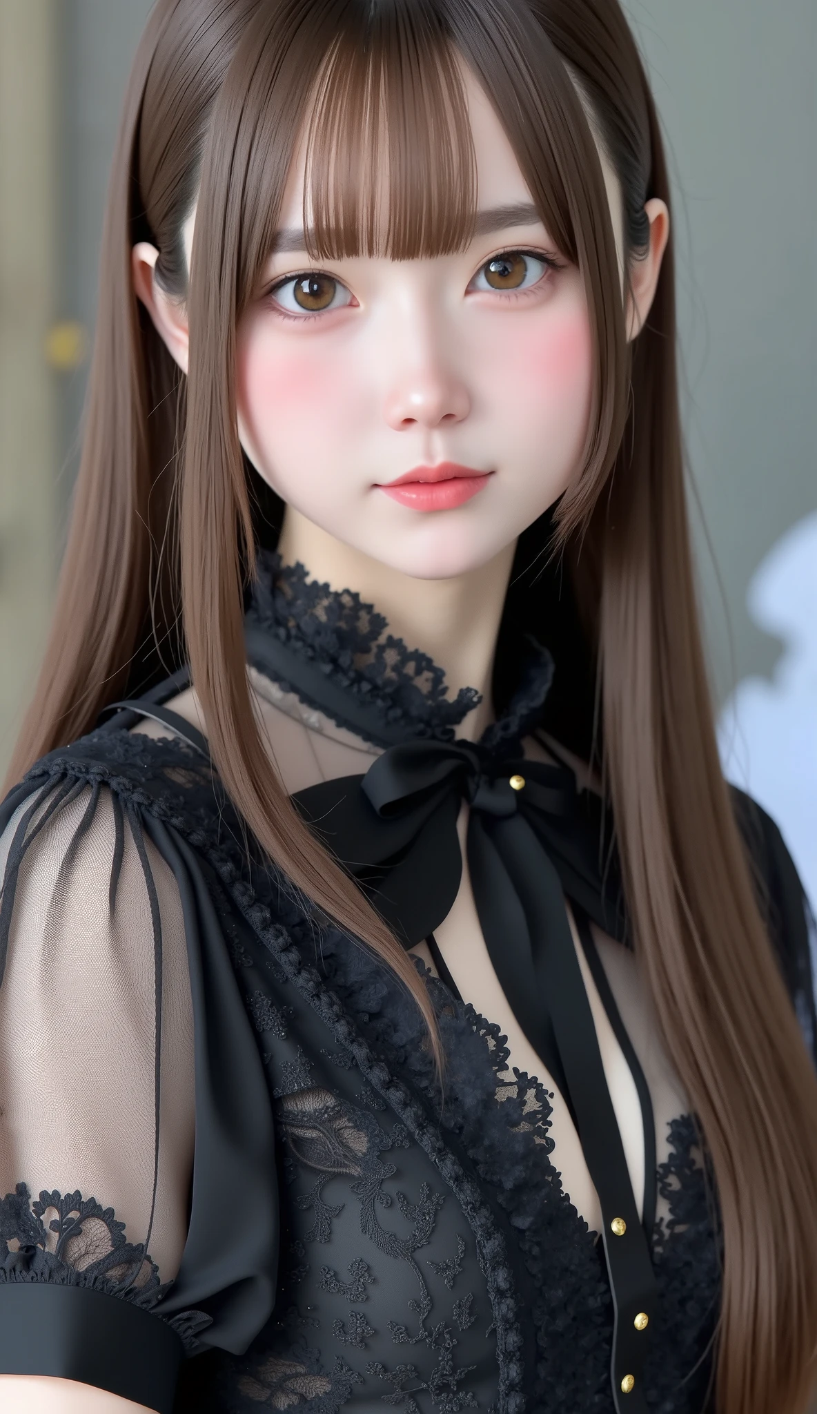 gothic lolita cosplay, cute girl,masterpiece, (( long hair )), cute20 --old l、 long brown hair , Very Long Straight Hair , Short bangs, white skin, Light-pigmented brown eyes, Narrow shoulders, Moderate bust , white skin, skinny