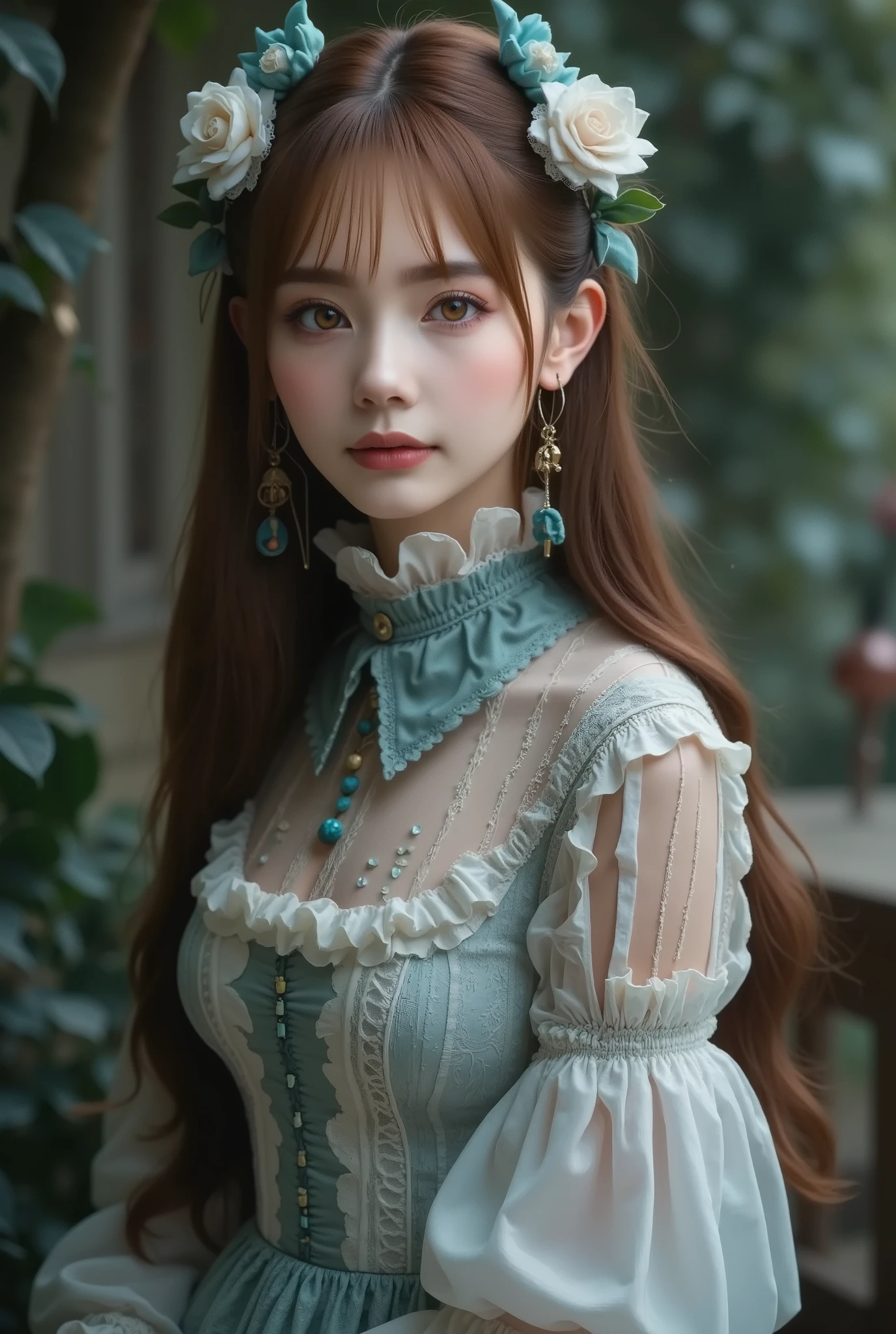 gothic lolita cosplay, cute girl,masterpiece, ((  long hair )),  cute２０ --old l、  long brown hair ,  Very Long Straight Hair , Short bangs,  white skin, Light-pigmented brown eyes, Narrow shoulders, Moderate bust ,  white skin,  skinny