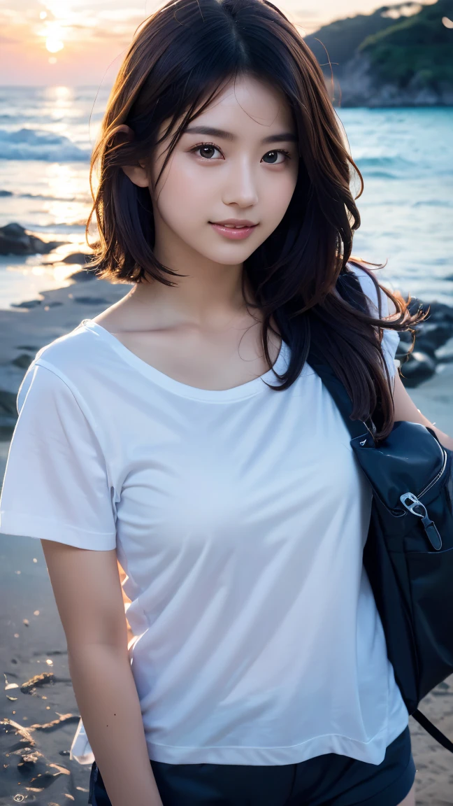 Produce the highest quality and highest resolution 8K images。Please draw the upper body of a 20 year old Japanese woman.。Please draw a picture of a person walking along a seaside promenade at sunset.。She has brown eyes and a model figure.、She has an idol-level cute face.。The hair is wavy。What to wear、Short sleeve T-shirt and pants。Skin has a healthy color。