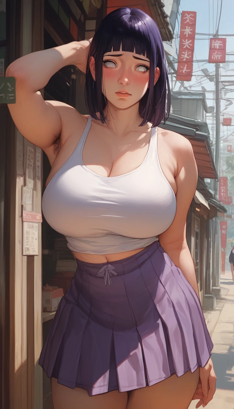 score_9, score_8_up, score_7_up, score_6_up, 1girl, (score_9, score_8_up:1.1), score_7_up, realistic, hyuga hinata, white tank top, black armpit hair, dark purple hair, purple skirt, blush, thick black eyelashes, big breasts, anime japanese, hentai