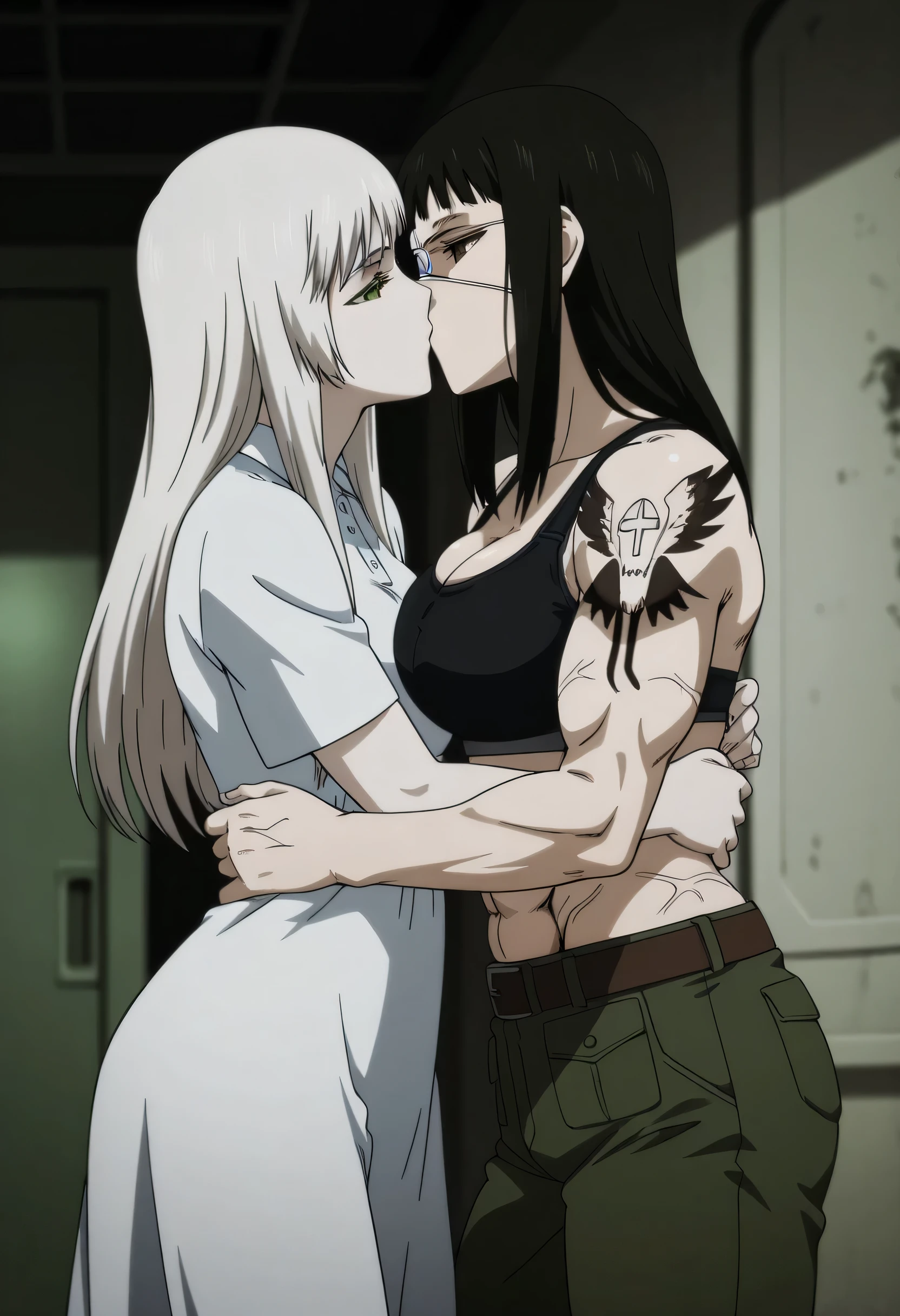 2girl,solo,mm,mature female,black hair,eyepatch,brown eyes,medium breasts,anime coloring,long hair, muscular,black sport bra and green military trousers with belt,cowboy shot, , ,military base, tattoo, ,masterpiece,best quality,amazing quality,pelvis muscles,muscles lines,Valmet with beautiful girl having a long gray hair,girl wearing white dress,girl soft body,lesbians,yuri,hugs and kissing,