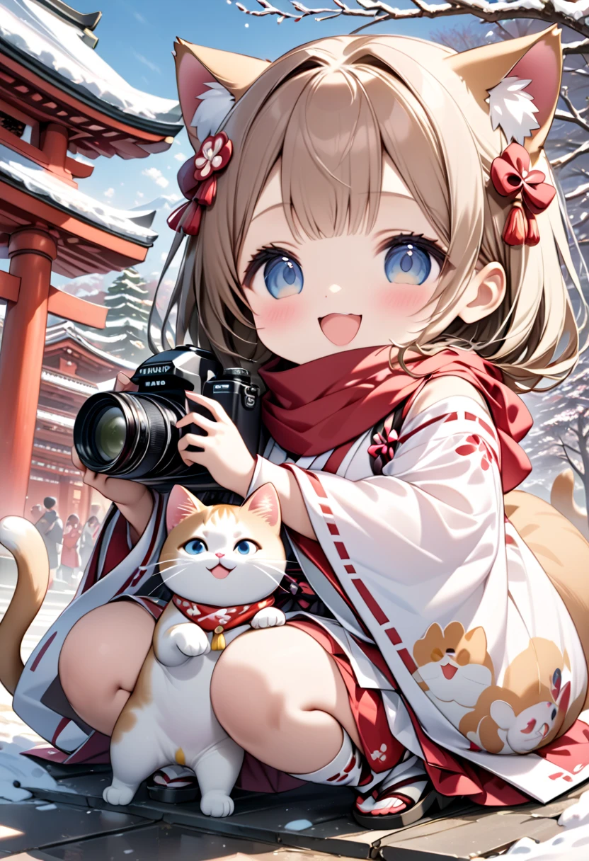 (masterpiece), (ultra-detailed), (best quality), (clear focus), dramatic scene, cinematic, shadow, (ultra-high resolution), (8k), perfect anatomy, perfect face, (detailed face), (detailed eye), (chibi:1.3), (cute Japanese chibi small girl:1.3), famous Japanese chibi idol but Japanese shrine maiden, very beautiful with cute but cool face, (the girl is wearing a cute miko costume with scarf:1.2), glove, snow boots, (medium breasts), (She is taking a photo of her cat in front of a shrine gate with her giant fat cat friends:1.3), (holding a professional SLR camera:1.2), The heavily snow covered main shrine and five-story pagoda of a magnificent shrine, , warm winter sunshine, professional lighting, (the family of human-like giant fat cats is visiting the shrine:1.3), (detailed giant fat cat:1.2), (showing), leafless trees, they looks so happy, happy smile, very wide shot