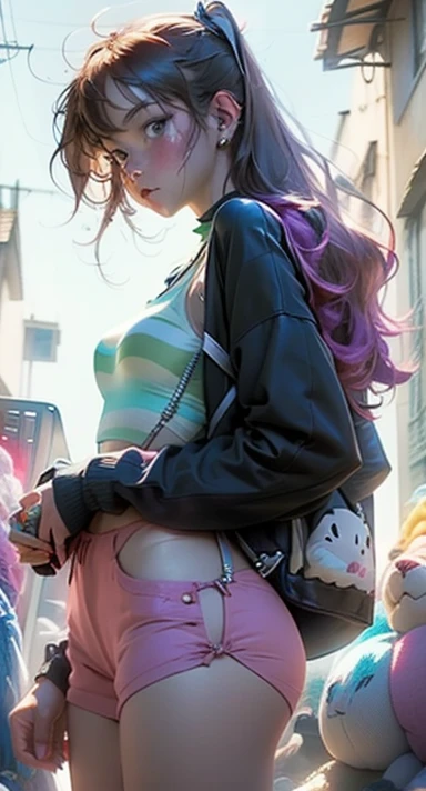 masterpiece, best quality, 1 girl, pretty and cute, (rainbow color Highlight Hair,colorful hair:1.4), wearing blue and purple sunglasses, yellow jacket with white pattern, white sweater, many colored balloons, doll face, ponytail braid, perfect detail eyes, delicate face, perfect cg, HD quality, colored balloons, sky ,black boots,<lora:OC:0.8>,nsfw, <lora:add_detail:1> <lora:Black_See-through_Bodysuit:0.6>