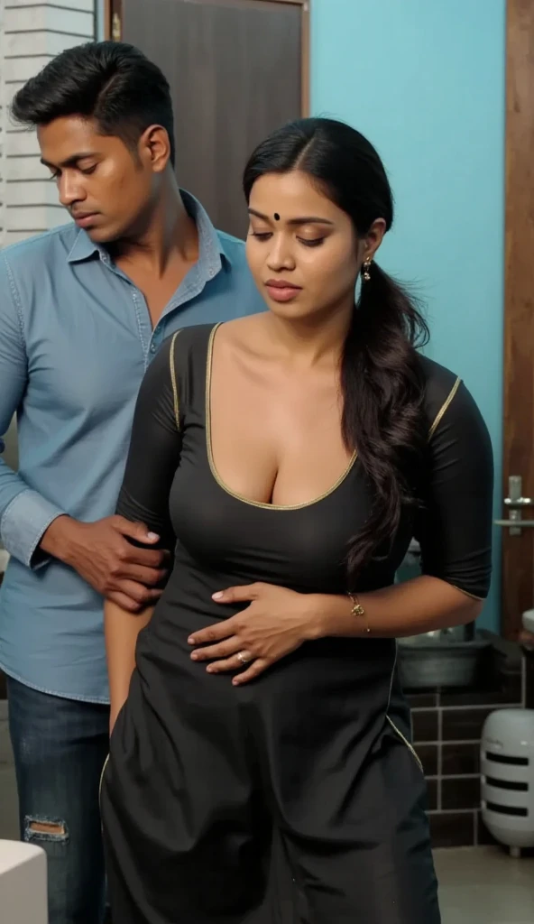hot skinny slim healthy south indian dark brown skin curvy milf with long messy tied hair, perfect breast, simple small black dot bindhi, broad shoulder, big hip, big ass, thick thighs, woman wearing long side slit cleavage kurti(very big breast clevage) and leggings, in indian middle class house bathroom, ultra hd photo, 4k picture, looking at camera, indian fit body man no beard clean shave and short hairstyle wearing shirt and pant, man putting his hand around woman’s waist squeeze tightly, couple standing looking at camera giving simple dominating pose,fully clothed, front full body long view,