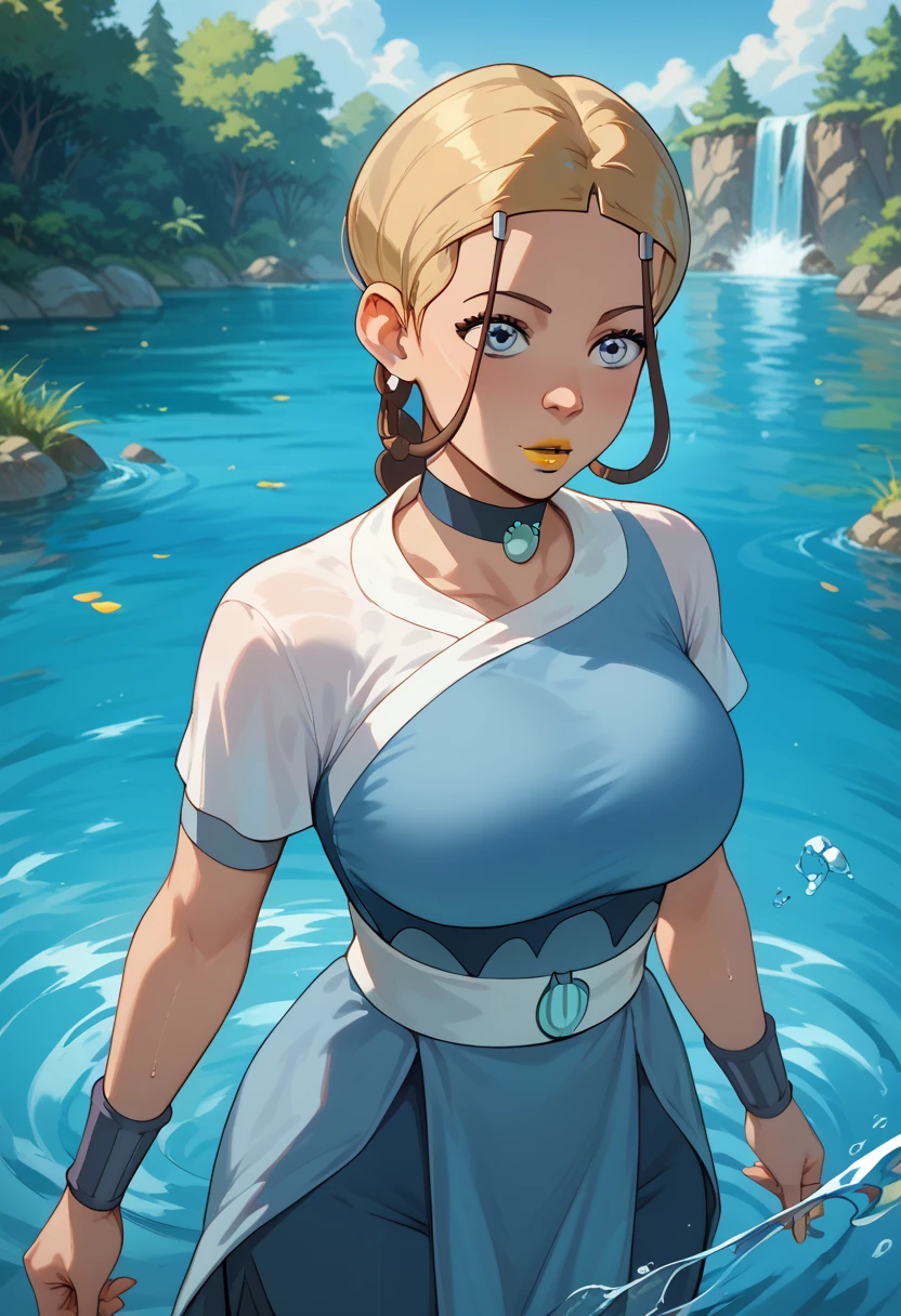 woman, blue eyes, white skin, blonde hair, yellow lipstick, big breasts, anime style, thin waist, blue clothes, water, water powers, Katara