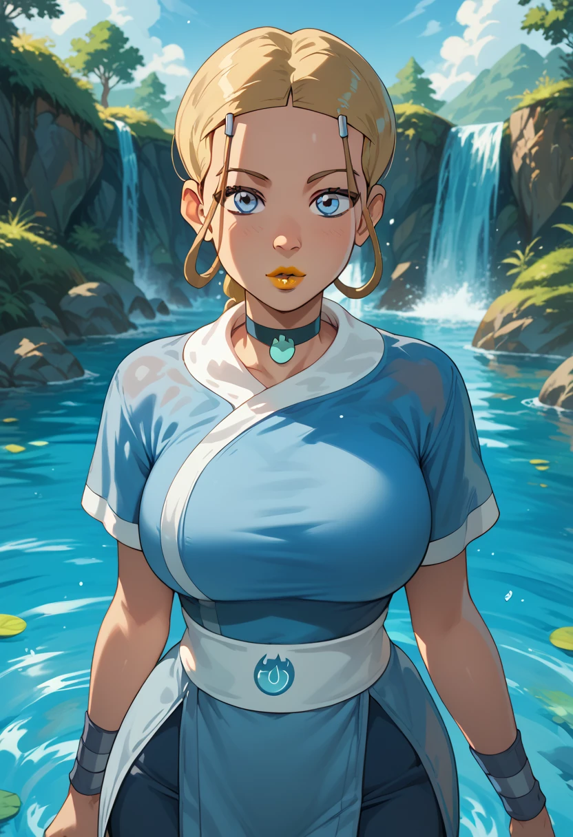 woman, blue eyes, white skin, blonde hair, yellow lipstick, big breasts, anime style, thin waist, blue clothes, water, water powers, looking at viewer, Katara