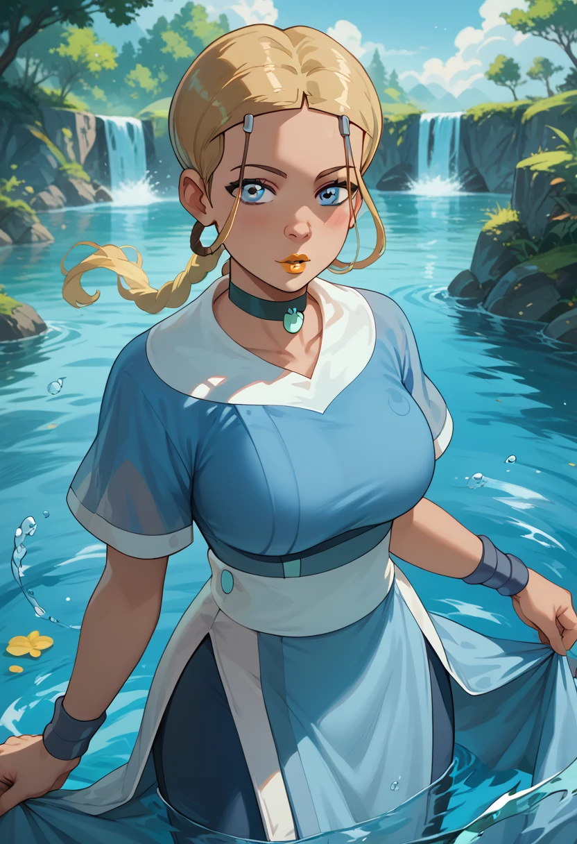 woman, blue eyes, white skin, blonde hair, yellow lipstick, big breasts, anime style, thin waist, blue clothes, water, water powers, looking at viewer, Katara