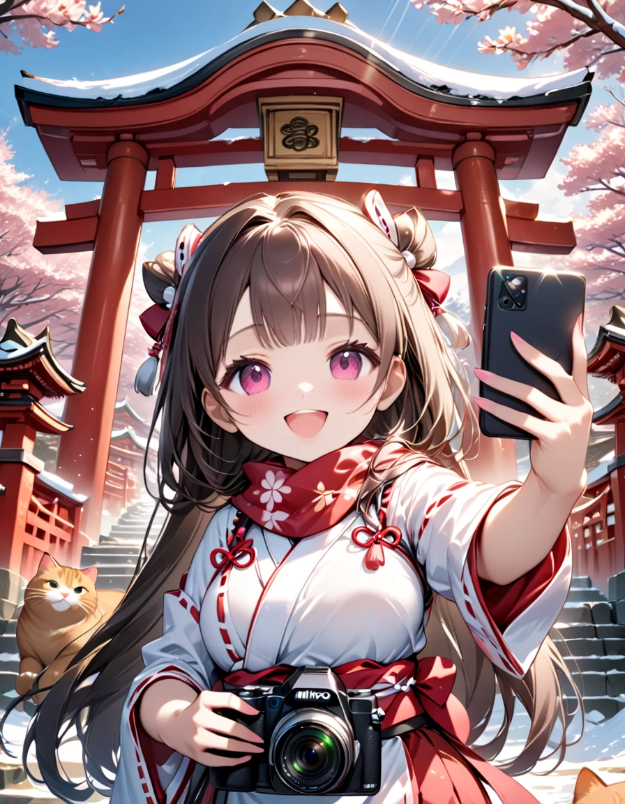 (masterpiece), (ultra-detailed), (best quality), (clear focus), dramatic scene, cinematic, shadow, (ultra-high resolution), (8k), perfect anatomy, perfect face, (detailed face), (detailed eye), (chibi:1.3), (cute Japanese chibi small girl:1.3), famous Japanese chibi idol but Japanese shrine maiden, very beautiful with cute but cool face, (the girl is wearing a cute miko costume with scarf:1.2), glove, snow boots, (medium breasts), (She is taking a selfie with her smartphone with her cat in front of a shrine gate with her giant fat cat friends:1.3), (holding a professional SLR camera:1.2), The heavily snow covered main shrine and five-story pagoda of a magnificent shrine, , warm winter sunshine, professional lighting, (the family of human-like giant fat cats is visiting the shrine:1.3), (detailed giant fat cat:1.2), (showing), leafless trees, they looks so happy, happy smile, very wide shot