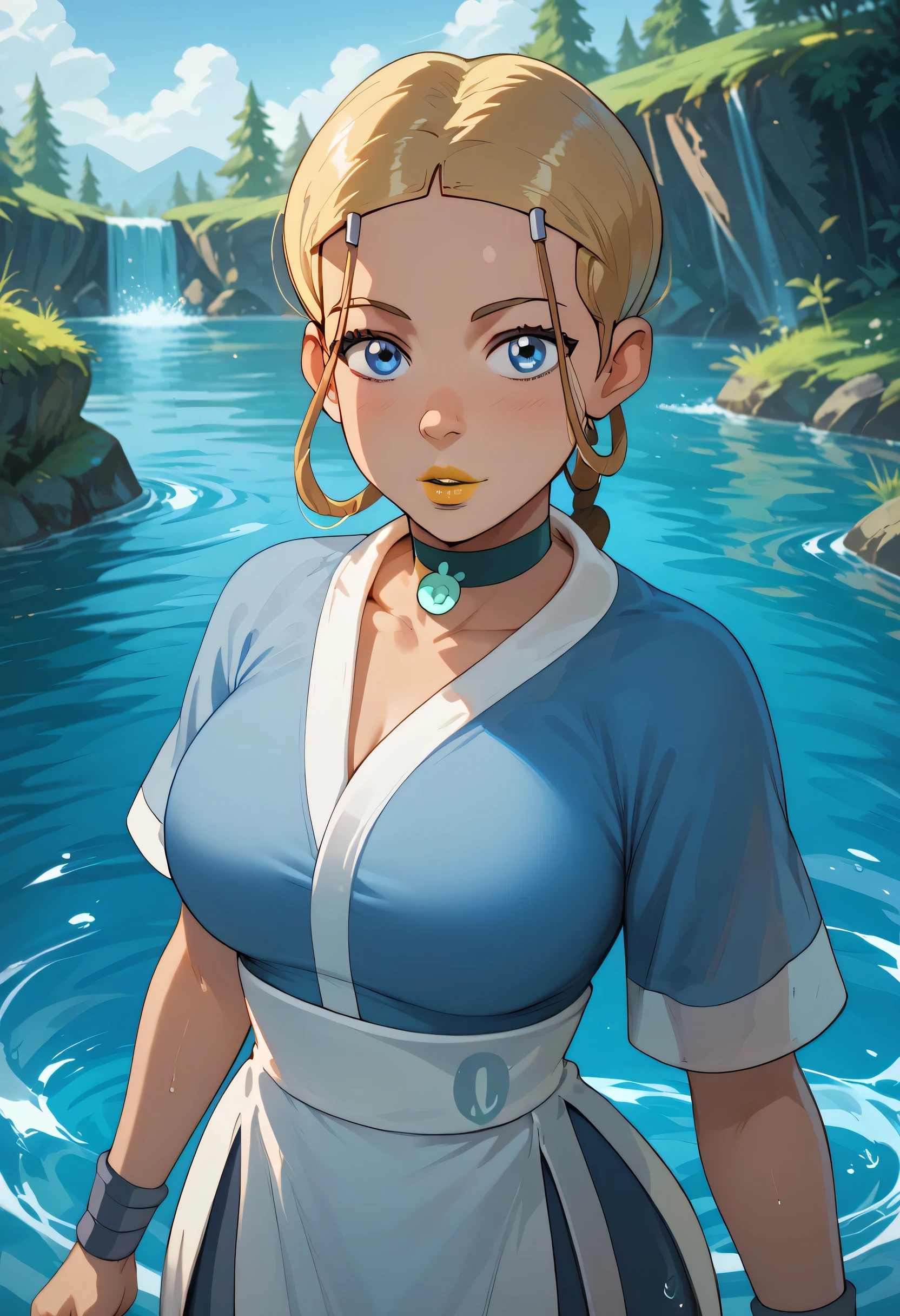 woman, blue eyes, white skin, blonde hair, yellow lipstick, big breasts, anime style, thin waist, blue clothes, water, water powers, looking at viewer, Katara