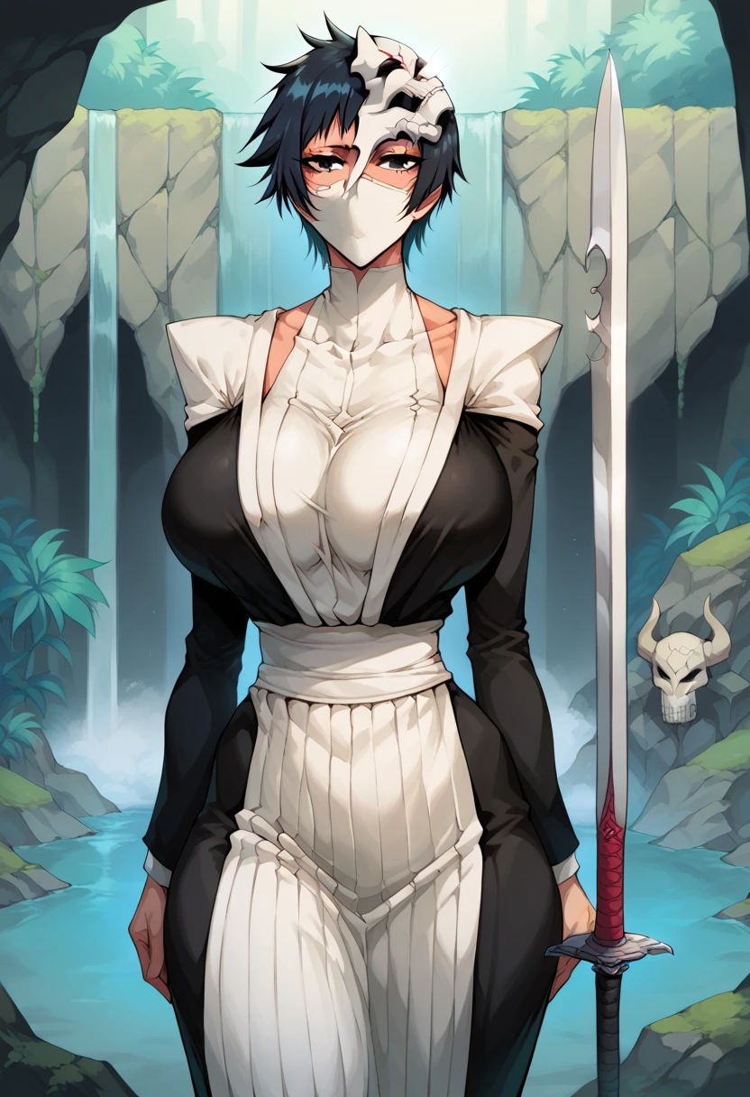 Sexy body, Falls, short Bob hair, female hollow, "hollow, White mask, I am Fong Bleach" sexy and strong body, big breasts, white sexy clothes, broken mask, sword,Nemu "hollowfication"