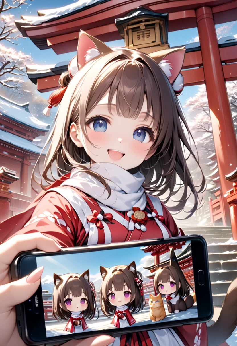 (masterpiece), (ultra-detailed), (best quality), (clear focus), dramatic scene, cinematic, shadow, (ultra-high resolution), (8k), perfect anatomy, perfect face, (detailed face), (detailed eye), (chibi:1.3), (cute Japanese chibi small girl:1.3), famous Japanese chibi idol but Japanese shrine maiden, very beautiful with cute but cool face, (the girl is wearing a cute miko costume with scarf:1.2), glove, snow boots, (medium breasts), (She is taking a selfie with her smartphone with her cat in front of a shrine gate with her giant fat cat friends:1.3), (holding a professional SLR camera:1.2), The heavily snow covered main shrine and five-story pagoda of a magnificent shrine, , warm winter sunshine, professional lighting, (the family of human-like giant fat cats is visiting the shrine:1.3), (detailed giant fat cat:1.2), (showing), leafless trees, they looks so happy, happy smile, very wide shot