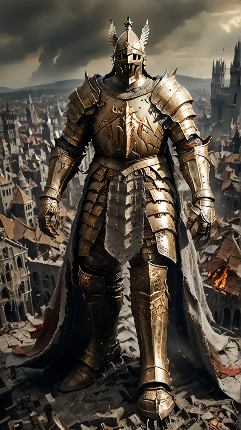 A colossal knight clad in full golden armor towers over a medieval city, crushing and destroying the buildings beneath his massive feet. The overwhelming presence of the knight and his destructive power dominate the scene, as chaos unfolds in the devastated city.

giant knight:3.0, golden armor:3.0, medieval city:2.5, destruction:2.8, chaos:2.7, colossal figure:3.0, stomping:2.9, apocalyptic scene:2.5, towering presence:2.8

