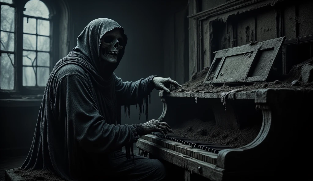 (best quality, 128k,highres,masterpiece:1.2),ultra-detailed,(realistic,photorealistic,photo-realistic:1.37), ((masterpiece)) ((photography)) ((Highest quality)) A hauntingly atmospheric image of a decaying skeleton wearing a tattered hooded cloak, hunched over a broken, dust-covered piano in an abandoned and decrepit room. The environment is dark and eerie, with subtle light filtering through cracked windows, emphasizing the haunting mood. The piano shows signs of age with chipped wood and missing keys, while the skeletal figure's bony hands rest heavily on the keyboard, as if lost in thought or playing a mournful tune. The scene is detailed, cinematic, and evokes a sense of sorrow and mystery.