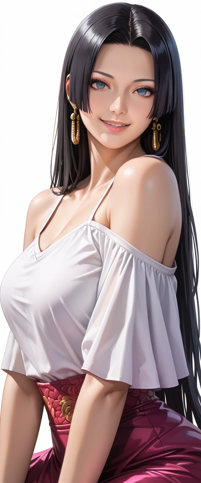 best quality, masterpiece, highly detailed,1girl, Boa Hancock, , (masterpiece:1.5), Detailed Photo, Smiling, Sexy, (8K, Best Quality: 1.4), (1girl), Beautiful Face, (anime realistic Face), (Black Hair, long Hair: 1.3), Beautiful Hairstyle, Realistic eyes, beautiful detail eyes, (white skin), beautiful skin, absurd, attractive, ultra high resolution, ultra realistic, high definition, golden ratio, (sexually aroused:1.5), Pinkish white skin, cool white light, sexy pose, Beautiful , white background, pink soft white light, Wear a white tank top