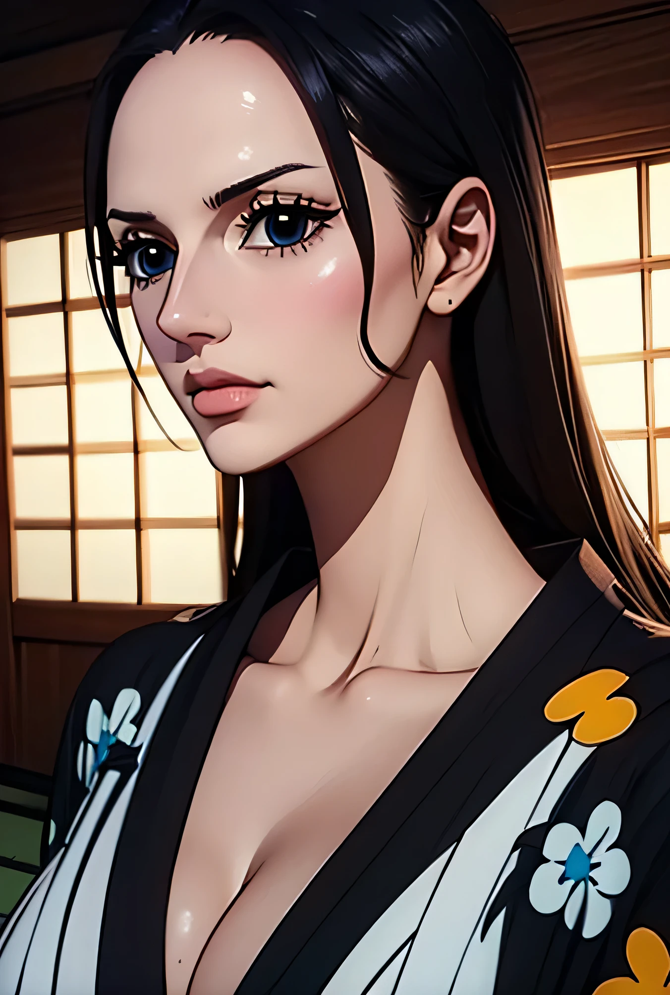 Nico Robin,upper body Closeup, long hair, ((big breasts: 1.1)), ((kimono: 1.1)), perfect face, beautiful eyes and face, ((Black eyes: 1.27)), Very detailed, single, ((detailed skin quality: 1.2)), ((unrealistic: 1.2)), high resolution, RAW photo, masterpiece, highest quality, beauty, whole body, hairstyle details, mature woman, Japanese room, RAW photo, highest quality, masterpiece, realistic, high resolution, hyper detail, realism, beautiful face, 1 woman, high resolution, 8k, highly detailed, 4K, Pixiv