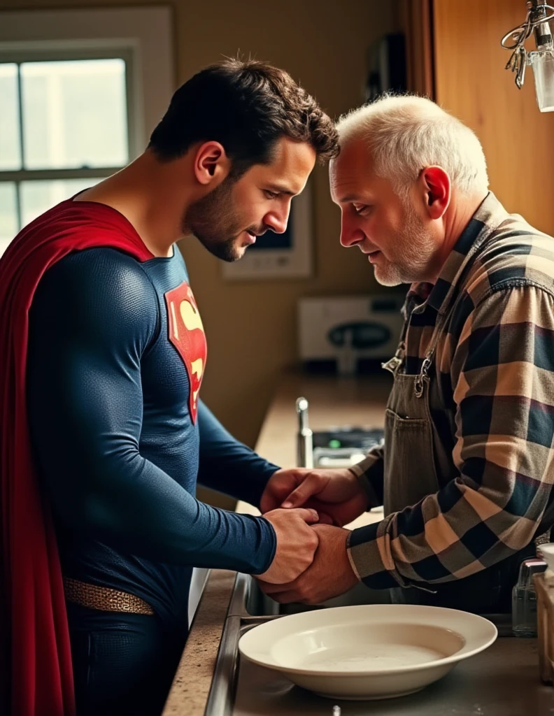 Superman telling his father Jonathan that he's Superman. Jonathan is 70 years-old farmer.  Jonathan love Superman. Superman and his father Jonathan wash dishes sweetly together
