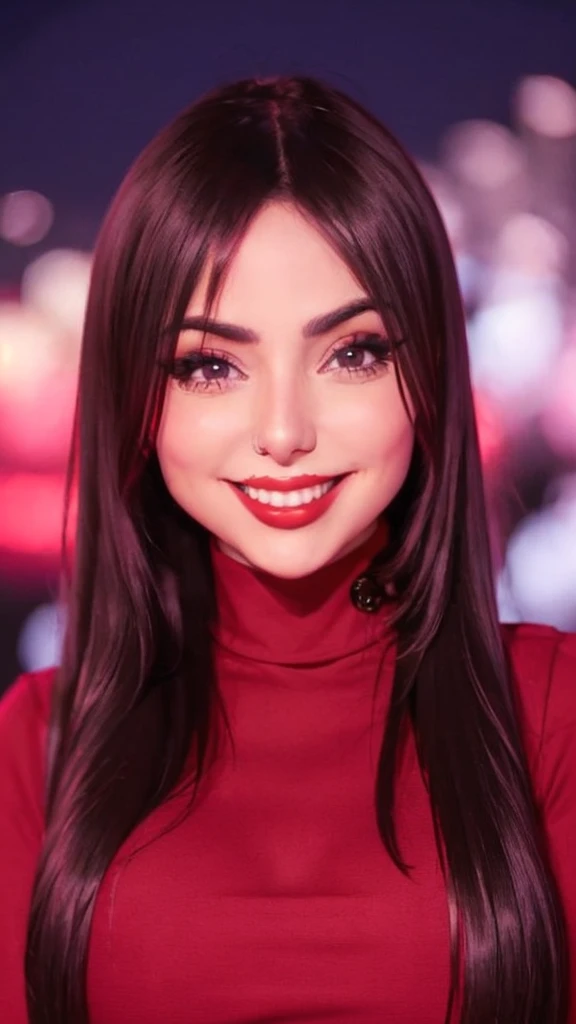 Photo of beautiful nyv13st3ph4n woman smile, detailed face, red turtleneck blouse, makeup, in an event at night