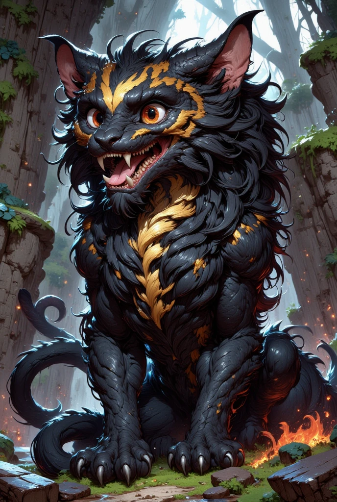 combines the characteristics of a cat and dragon. gaint, It has a connection with the three elements of earth, air and fire. fantasy setting, 8k, uhd, masterpiece, detailed. Black fur with golden parts on head, neck and paws. Fluffy, long fur