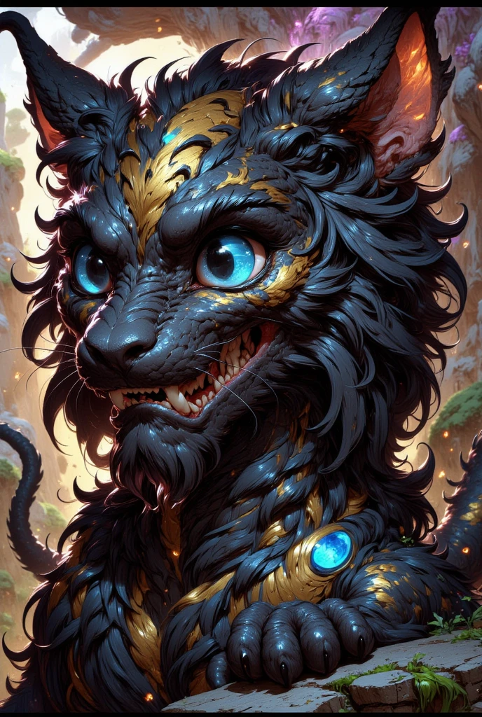 combines the characteristics of a cat and dragon. gaint, It has a connection with the three elements of earth, air and fire. fantasy setting, 8k, uhd, masterpiece, detailed. Black fur with golden parts on head, neck and paws. Fluffy, long fur