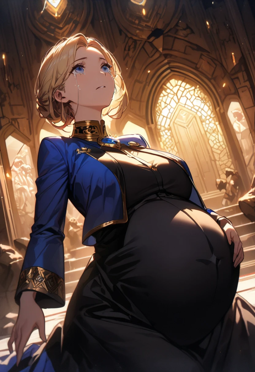 (Pregnant), best quality, masterpiece, highly detailed, anime, 1 girl, upper body, violet_evergarden, medium breasts, perfect face, blond hair, hair ribbon, blue eyes, glowing eyes, blue jacket, long sleeves, white dress, green gem, brown gloves, indoor, chair, window, looking at viewer, pregnant, pregnant belly, ((pregnant))