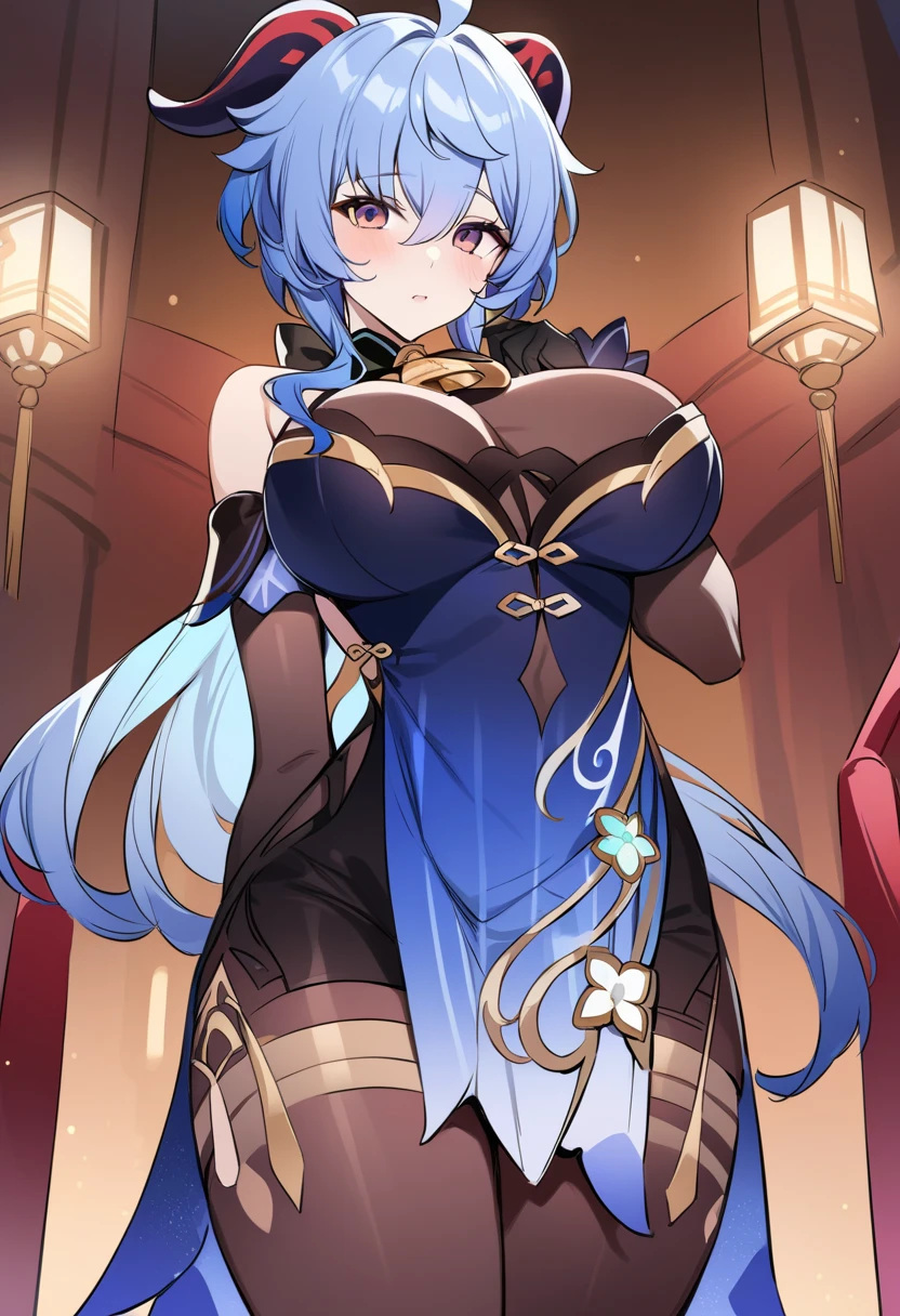 masterpiece, ((  top quality )),    high definition  ,  game cg, bright  , look at viewer,   one woman , (  cowboy shot),  1 woman , Alone, ganyu \(genshin impact\), 1girl, Alone, sblack gloves, bare shoulders, breasts, elbow gloves, sketch, neck bell, blue dress, alternate costume, detached sleeves,  huge breasts, thick legs