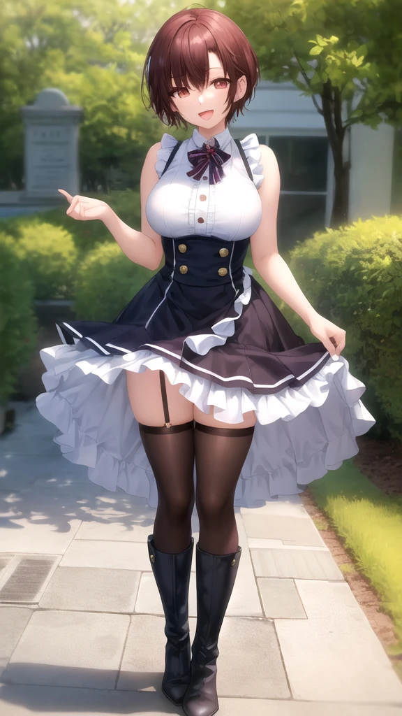 masterpiece, best quality, high quality, girl, solo, looking at viewer, yuuta_kadowaki, large breasts, sleeveless idol dress, very puffy skirt, flared skirt, thigh highs, heeled boots, standing, smile, open mouth, outdoors 