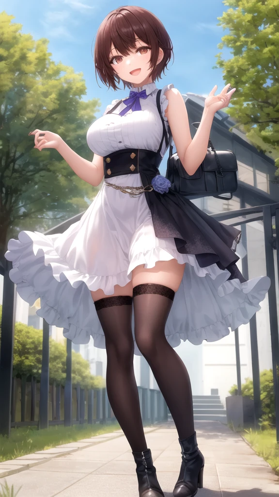 masterpiece, best quality, high quality, girl, solo, looking at viewer, yuuta_kadowaki, large breasts, sleeveless idol dress, very puffy skirt, flared skirt, thigh highs, heeled boots, standing, smile, open mouth, outdoors 