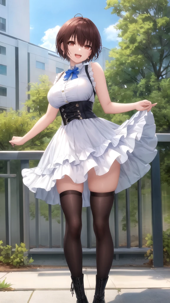 masterpiece, best quality, high quality, girl, solo, looking at viewer, yuuta_kadowaki, large breasts, sleeveless idol dress, very puffy skirt, flared skirt, thigh highs, heeled boots, standing, smile, open mouth, outdoors 