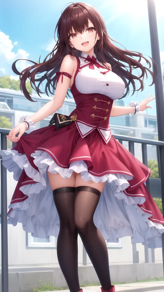 masterpiece, best quality, high quality, girl, solo, looking at viewer, yuuta_kadowaki, large breasts, sleeveless idol dress, very puffy skirt, flared skirt, thigh highs, heeled boots, standing, smile, open mouth, outdoors 