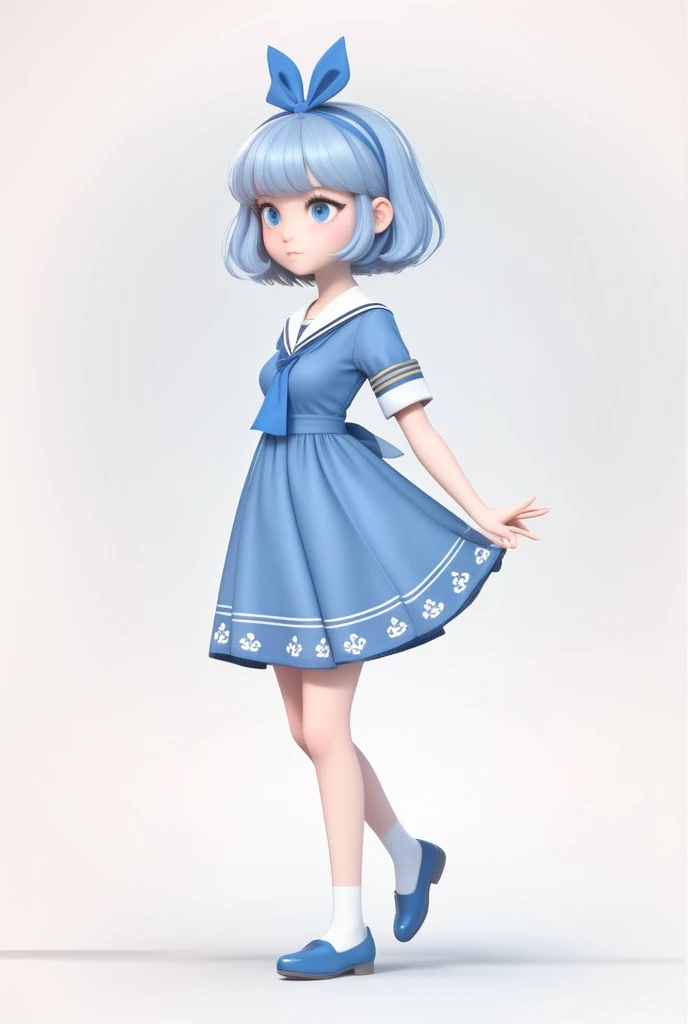 Has long snow-white hair,Blue eyes,A girl with pure skin。With a petite figure,Dressed in a white dress,A blue bow is tied around the waist,meanwhile,She was always barefoot,It feels like a cute girl in a dream。