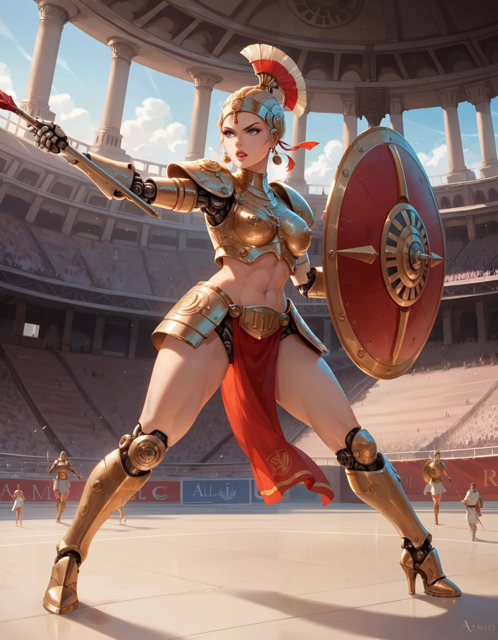 Ancient Rome, Colosseum, Robot Gladiator from the future, female, mechanical body, full body armor, (holding short spear in right hand), (holding small shield in left hand) (metal thigh high pumped stiletto boots), fighting