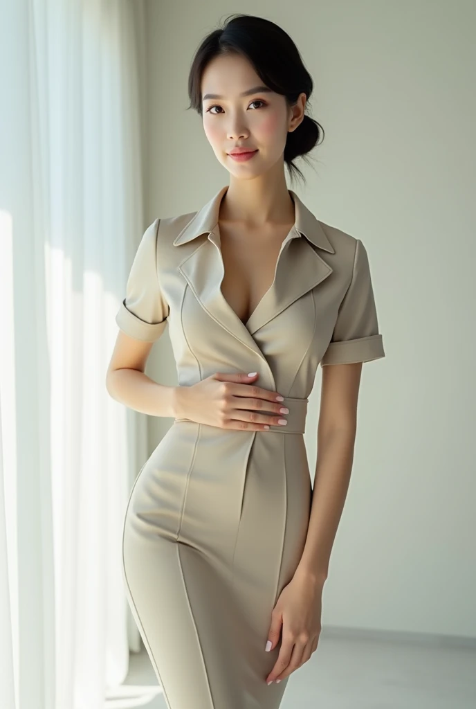 (Top Quality, 8k, Masterpiece, UHD: 1.2), 1 girl, beautiful Japan woman, constricted waist, office lady, office, sunshine, desk, sticking ass out. shorthair, bob, Japan, brown hair, drooping eyes, high neck, dress