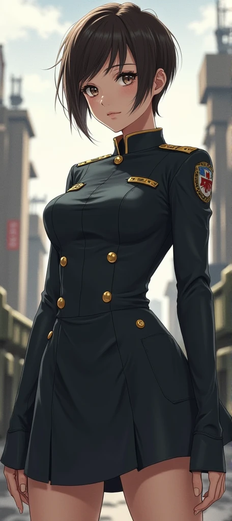 ((Finest quality)),(超A high resolution),(ultra-detailliert),(Meticulous portrayal),((Best CG)),(Finest works of art),Ultra-Precision Art,The art of astounding depiction, (Female Military Personnel:1.5),(A dark-haired,short-cut),Tight military uniform,tight skirts,Black stockings