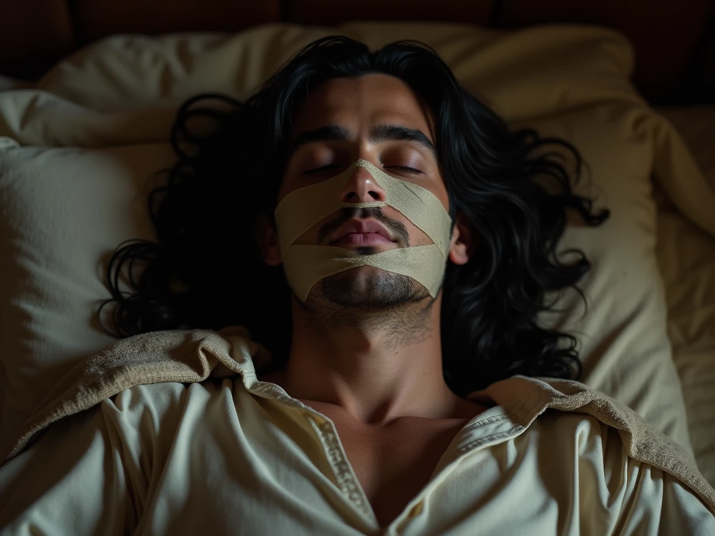 A young man lies on a bed, blindfolded and tied up with ropes around his wrists and ankles. The scene takes place in a well-decorated bedroom with soft lighting, but there’s a feeling of unease in the air. The man looks restless, anxiously waiting, unaware of what’s about to happen. The surrounding environment is calm, but the tension is palpable.ultra realistic