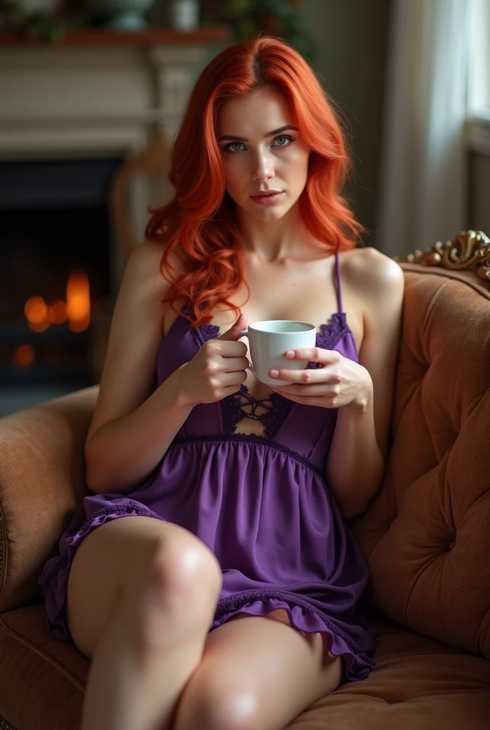 ultra realistic, photography, long red hair, girl, 24 years old, hourglass figure, perfect body, Flirty look, medium natural breasts, extremely detailed artgerm, in the style artgerm, blur background, sitting in the kitchen on a stool at the counter, her legs are crossed, her toenails are painted pink, there is a cup of hot coffee in front of her on the counter, she is wearing a pink silk robe