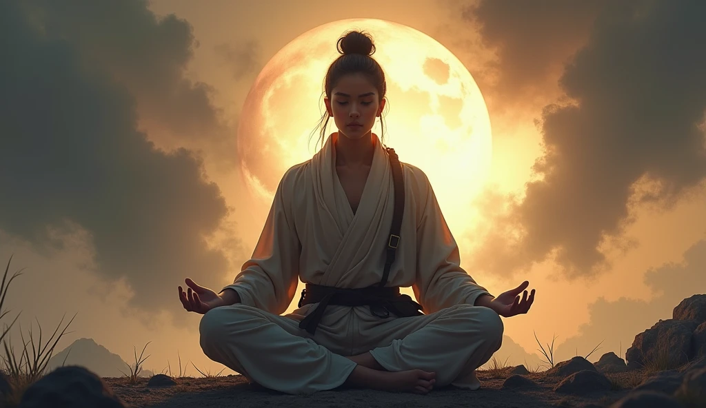A modern warrior in a meditative pose, surrounded by a slowly fading storm. The background combines shadows and sun rays, symbolizing the balance between pain and growth.