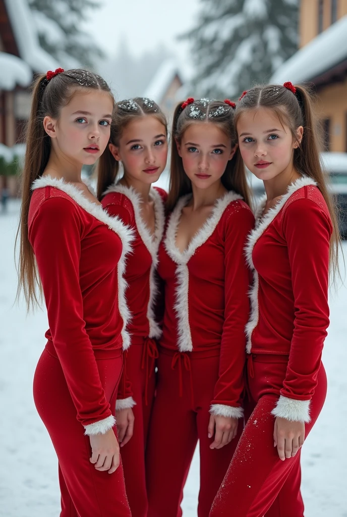 real photograph, 4 really young looking incredibly busty Slavic ********* girls with cute innocent frackle faces, skinny bodies, and large heavy plump breasts, posing in a snowy town , cute red christmas loungewear with deep cleavage, snowy boots, pouty expressions, light brunettes, very long hair in slick ponytails, pouting, High Resolution, Looking at viewer, Open Mouth, Accurate, Masterpiece, High Resolution, Accurate, Anatomically Correct, Award Winning, Detail, frackles on face and chest, light smile 