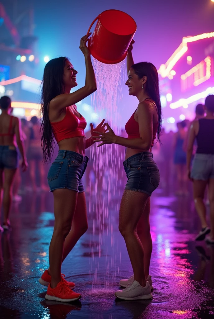 (((2heads))), a beautiful mexican 18 year old man,(big bulge),fit, beautiful face, tight red and white leather micro shorts, kelly green pantyhose,tight red low cut crop top, small perky breasts, wide hips, very wide shoulders, wet, drenched, massive big bulge in crotch, dripping gooey white slime on skin,oiled skin, wet skin, blonde, dark hair with highlights, brown hair,unathletic, background is a colorful Mexican plaza on a busy evening, fireworks in sky,  standing next to an authentic taco stand, puddles,smiling, full body, realistic, detailed,oiled skin, glistening skin