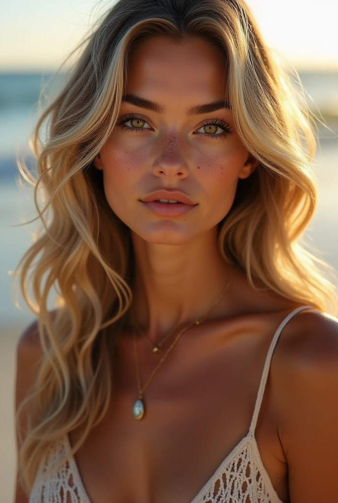 beautiful girl, 25 years old, Spanish, long light brown hair slightly wavy, beautiful Dark green eyes, without make-up, 175 cm tall, skinny body, big breasts, sensual, (very tanned skin:1.2), very realistic, 8k, Instagram, at pool party, white bikini