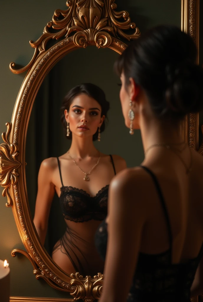 Masterpiece, photorealistic, 1930's Journalism photography, medium shot of a woman wearing black lingerie, looking at herself in the make up mirror, she is reflecting in the mirror, in the backstage of Can Can club