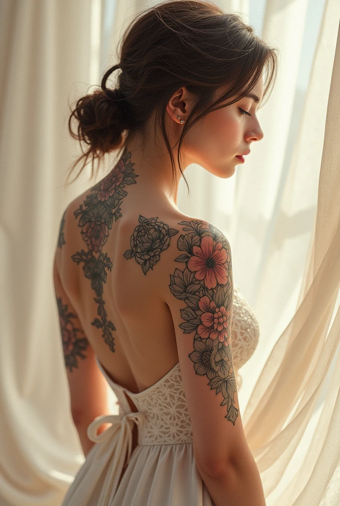 ((Masterpiece in maximum 16K resolution):1.6),((soft_color_photo):1.5), ((Ultra-Detailed):1.4),((Movie-like still images and dynamic angles):1.3),((view from her back):1.3) | (macro photo of stunning yakuza style tattoo in a very pretty Yakuza female back), (Very Pretty Yakuza female), (open back kimono), ((a stunning yakuza style tattoo in her back):1.3), (focus on the tattoo), (macro lens), (japanese garden), (dim night light), (tyndall effect), (Dark Beauty atmosphere), (shimmer), (mysterious ambience), (visual experience),(Realism), (Realistic),award-winning graphics, dark shot, film grain, extremely detailed, Digital Art, rtx, Unreal Engine, scene concept anti glare effect, All captured with sharp focus. | Rendered in ultra-high definition with UHD and retina quality, this masterpiece ensures anatomical correctness and textured skin with super detail. With a focus on high quality and accuracy, this award-winning portrayal captures every nuance in stunning 16k resolution, immersing viewers in its lifelike depiction. | ((perfect_composition, perfect_design, perfect_layout, perfect_detail, ultra_detailed)), ((enhance_all, fix_everything)), More Detail, Enhance.
