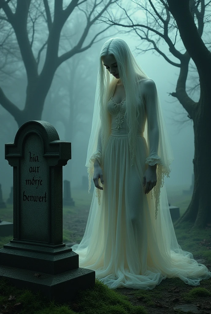 The silhouette of a bride, with a long veil, older, wandering along the road or around a cemetery, with ghostly lighting.