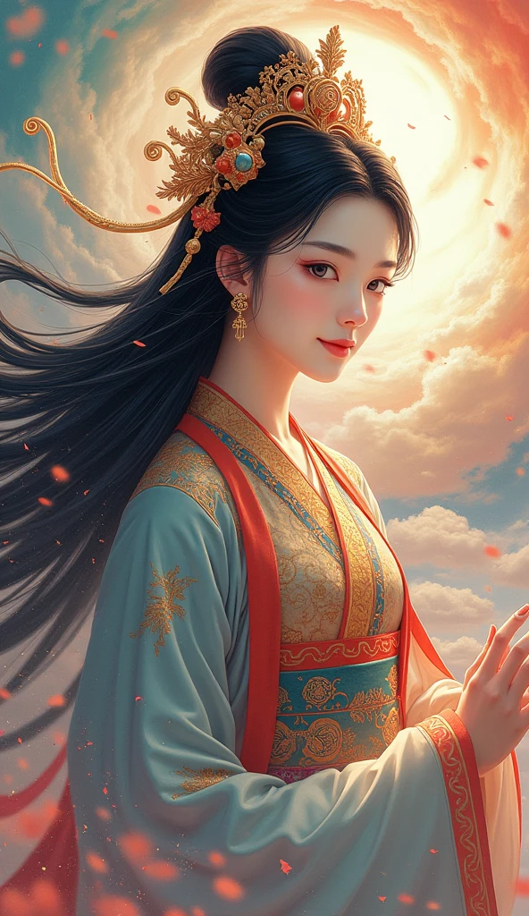 A traditional Chinese goddess、 Superb Beautiful Faces 、 Beautiful Costumes and Decorations 、 long black hair 、 Flowing Colourful Clouds、 vivid colors、Light is shining from beyond the clouds、 high image quality、masterpiece、 anime illustration art、