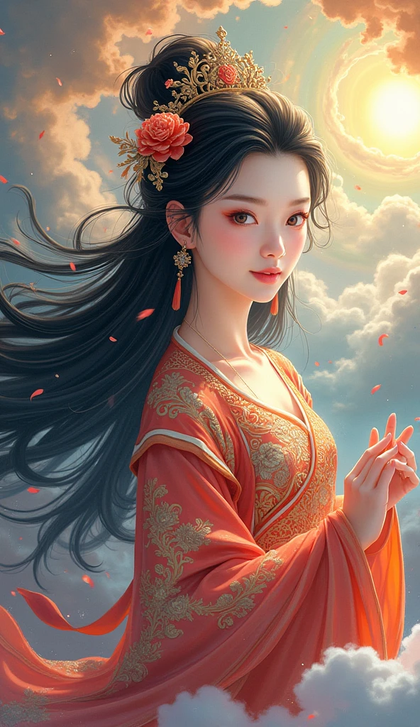 A traditional Chinese goddess、 Superb Beautiful Faces 、 Beautiful Costumes and Decorations 、 long black hair 、 Flowing Colourful Clouds、 vivid colors、Light is shining from beyond the clouds、 high image quality、masterpiece、 anime illustration art、