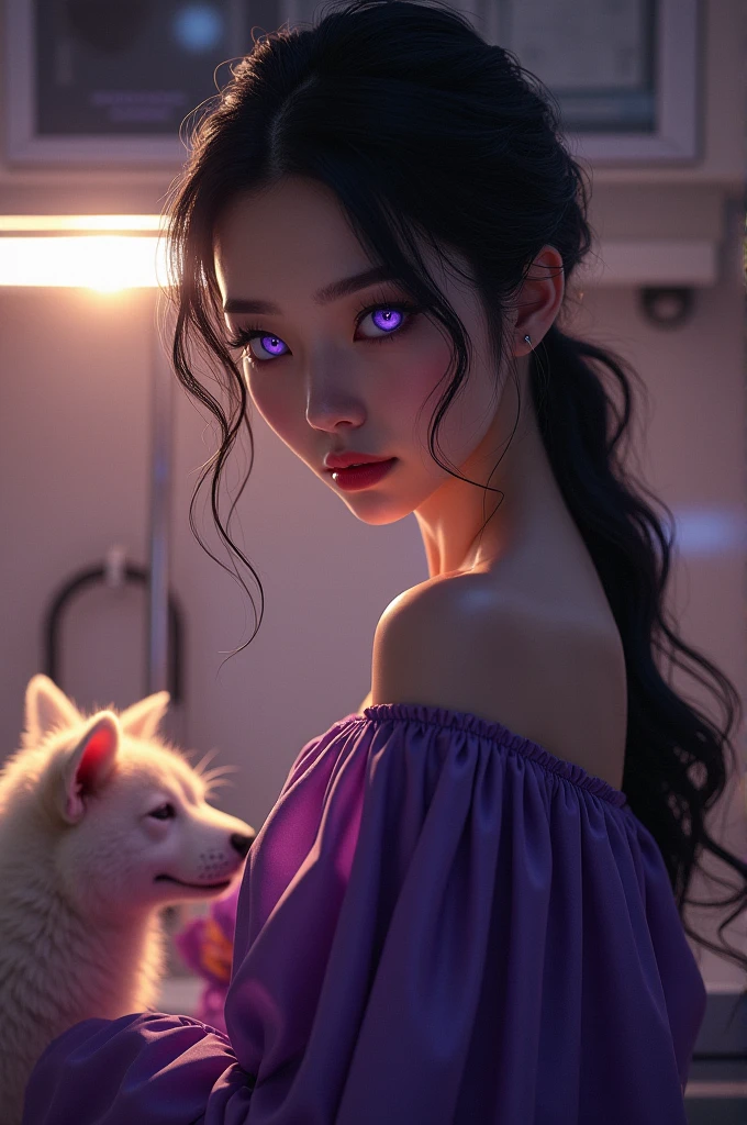 furry wolf, purple hair and white fur, shiny purple eyes, dress, magic powers
